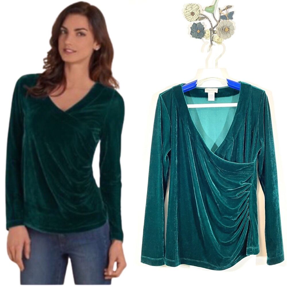 Soft Surroundings Womens Velour Velvet Surplice Faux Wrap Top Green Size Small